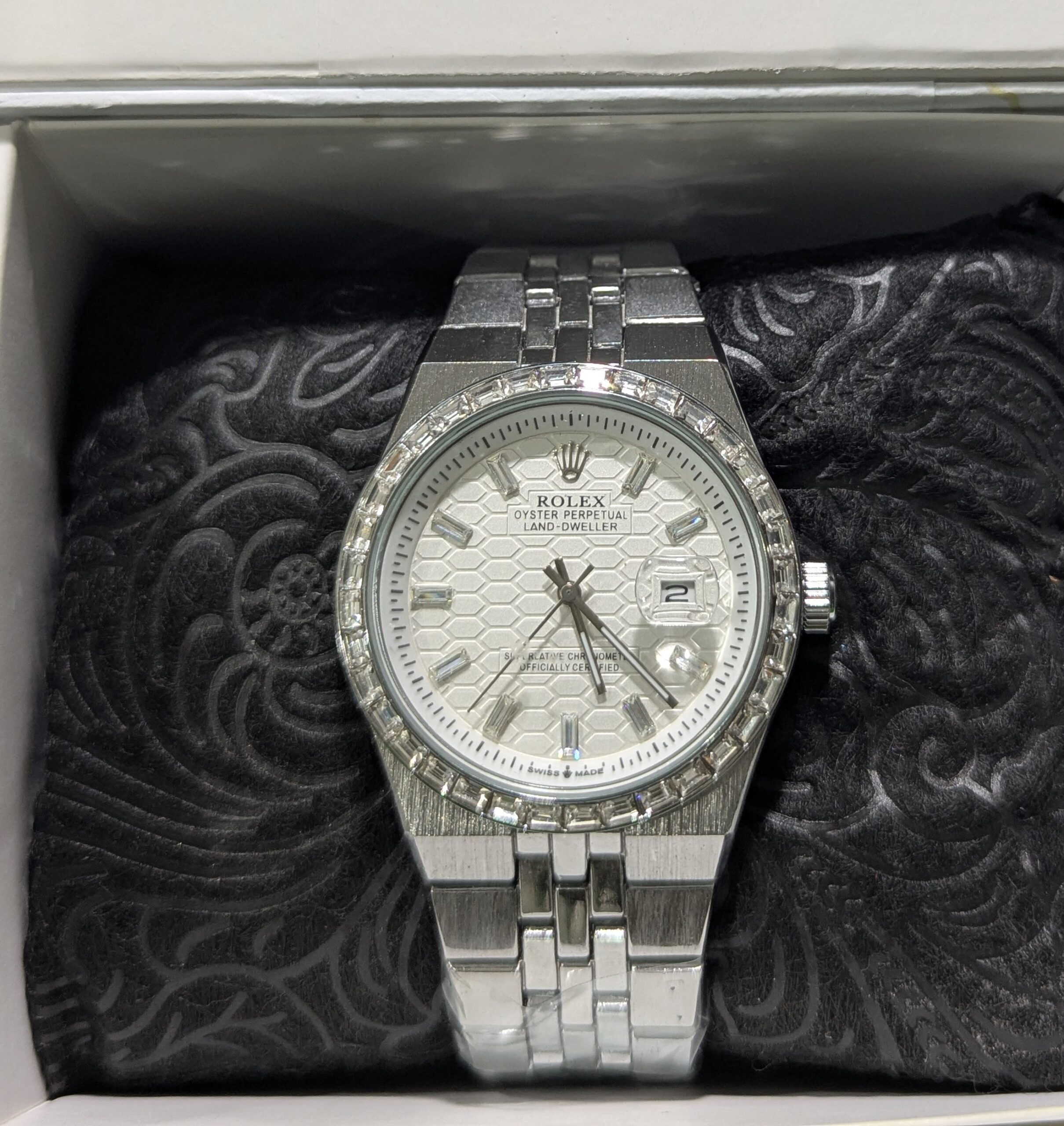 ROLEX Oyster Perpetual Land-Dweller Diamond Bezel – Stainless Steel Luxury Watch (White Dial)