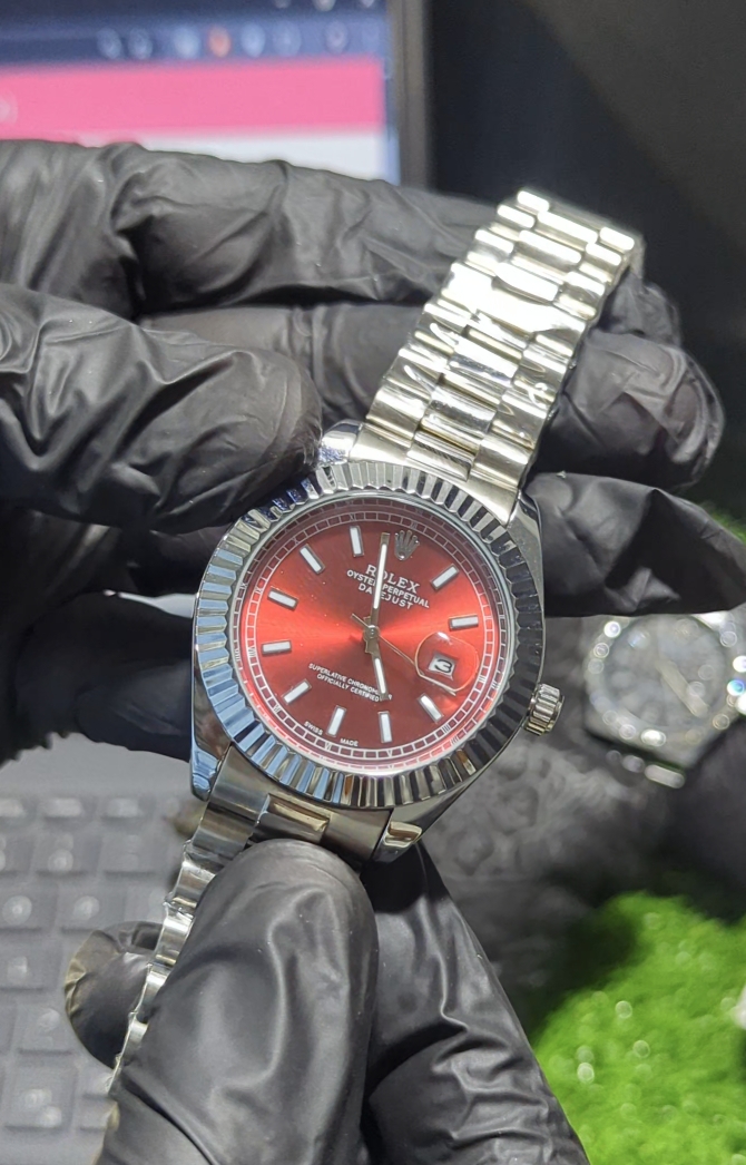 ROLEX Watch Red Sunburst Dial With Oyster Perpetual Datejust & Stainless Steel - Image 3
